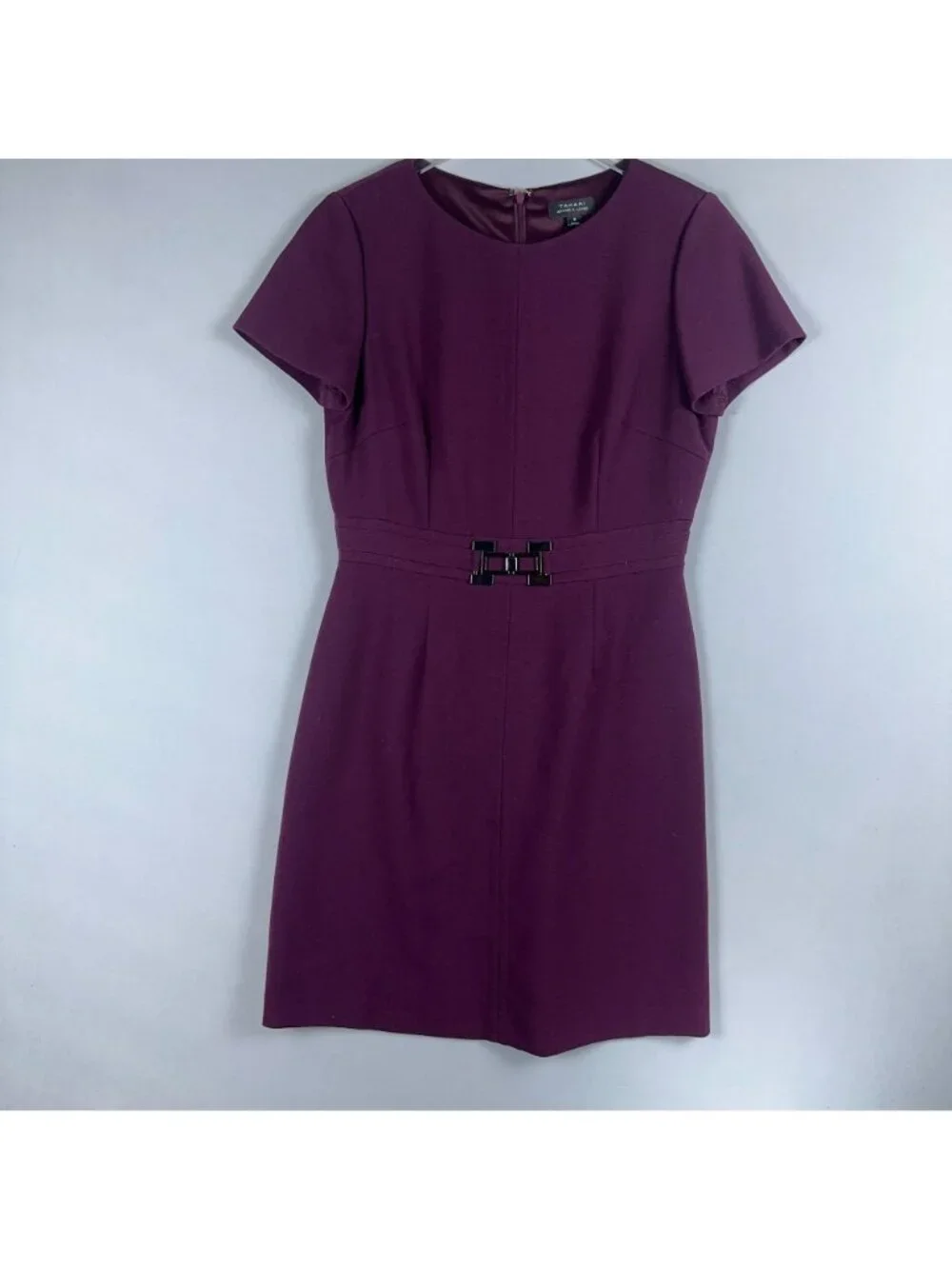 Tahari Arthur S. Levine Sheath Dress Women Size 8 Purple Short Sleeve Belted - Picture 2 of 12